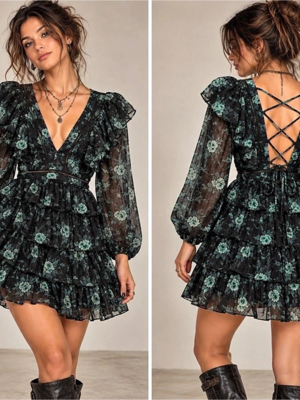 Altar'd State Floral Mini Dress in Black & Green Size Small NWT
